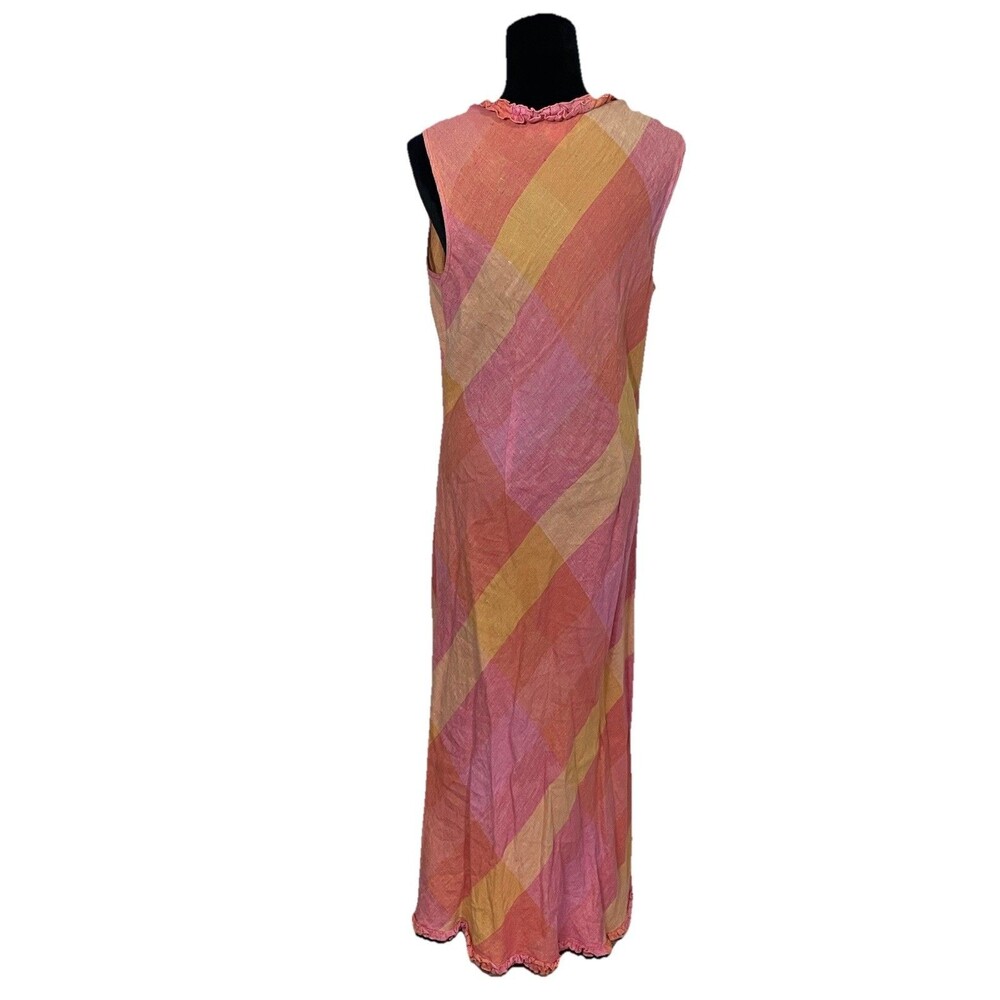 Victoria Holley 16 Pink Plaid 100% Linen V-neck Sleeveless Maxi Dress - Picture 3 of 10